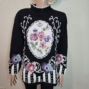 Cullinane  Black Floral Pearl Beads Womens Knit Sweater Medium Cottage Core Vtg